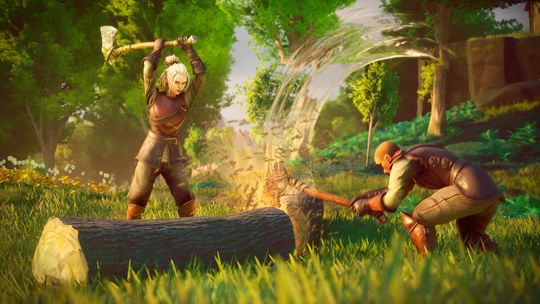 A close-up of a character in leather armor using an axe to harvest timber in a stylized, lush green environment.