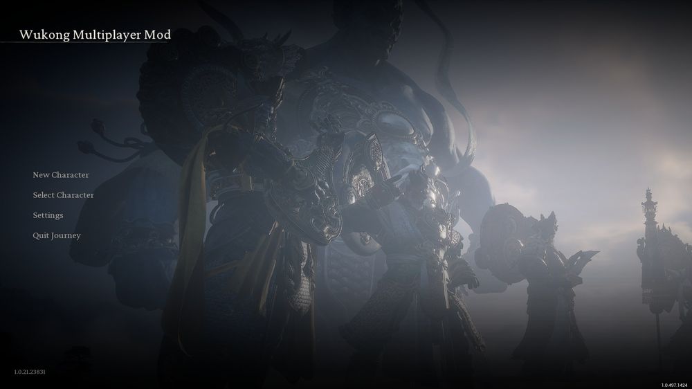 Main menu screen for Wukong Multiplayer Mod featuring options for creating or selecting a character, adjusting settings, and quitting the journey.