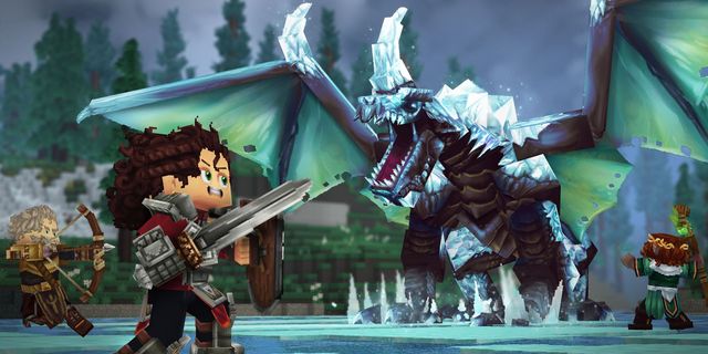 Blocky armored hero with sword and shield faces roaring ice dragon on a frozen lake, flanked by archer and robed spellcaster.