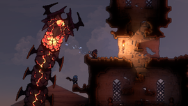 A giant, segmented lava worm with glowing orange segments erupting from the ground to attack players in a dark, destructible 2D cavern.