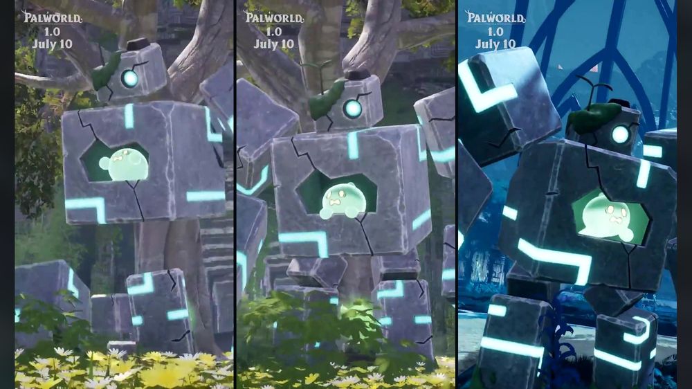 Dualith, a newly revealed Pal coming to Palworld 1.0, showing the small glowing creature protected inside a larger stone guardian body covered in glowing blue markings.