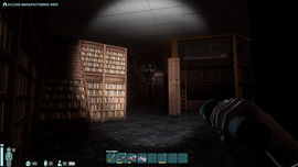 Dimly lit library with tall bookshelves, a shadowy figure in the background, and a person holding a flashlight in the foreground.