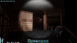 Dimly lit library with tall bookshelves, a shadowy figure in the background, and a person holding a flashlight in the foreground.