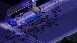 Isometric top-down view of a commercial street with arcade and entertainment store storefronts, parked cars, and zombies roaming the parking lot in Project Zomboid.