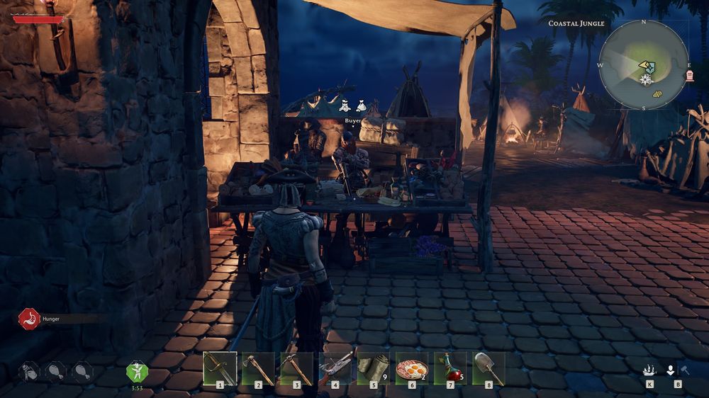 A player character approaches the Buyer NPC within the People of Tortuga settlement in Windrose. The nighttime market area is lit by campfires and lanterns, showing the outdoor trading location where provisions and supplies can be sold.