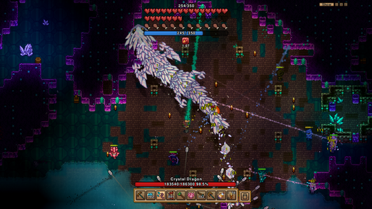 A pixelated game scene showing a player battling a large, white dragon with crystal-like scales. Health bars and stats are visible above.