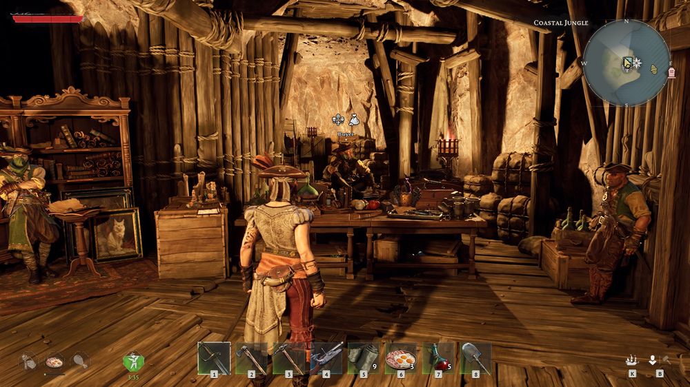 The player stands inside the Smugglers of Port Royal hideout in Windrose facing the Buyer NPC. The underground trading area contains crates, lanterns, and pirate-themed decorations where treasure items can be sold.