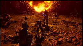 Armored adventurers stand in a lava-filled cavern as a massive fireball erupts between jagged rocks.