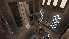 A high-angle interior view of a concrete industrial-style map in s&box, featuring multi-level platforms, metal railings, and realistic lighting through overhead openings.