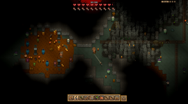 Pixelated game scene with a character exploring a cave. Brightly lit area with items on the left; dark, web-filled area with tracks on the right.