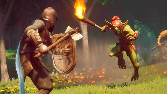 A player character in leather armor with a shield and axe facing off against a green goblin holding a flaming torch in a grassy forest clearing.