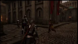 Armored warriors march through a dim cobblestone fortress street flanked by tall stone arches, red banners, and a towering statue.