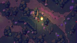 Top-down gameplay screenshot from Romestead showing a character walking along a winding stone path through a forest at night, lit by a nearby torch or campfire.