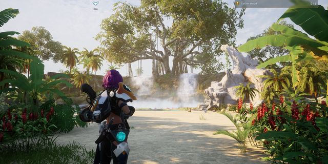 A character with purple hair stands on a tropical path, surrounded by lush greenery and red flowers, facing a large tree with mist in the background.