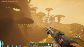 A person in a video game holds a futuristic weapon, facing a foggy landscape with giant mushrooms and a small structure. HUD elements are visible.