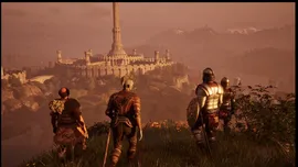 Three armored warriors stand on a grassy hill, overlooking a vast circular fortress with a tall central tower, bathed in a hazy orange sunset.