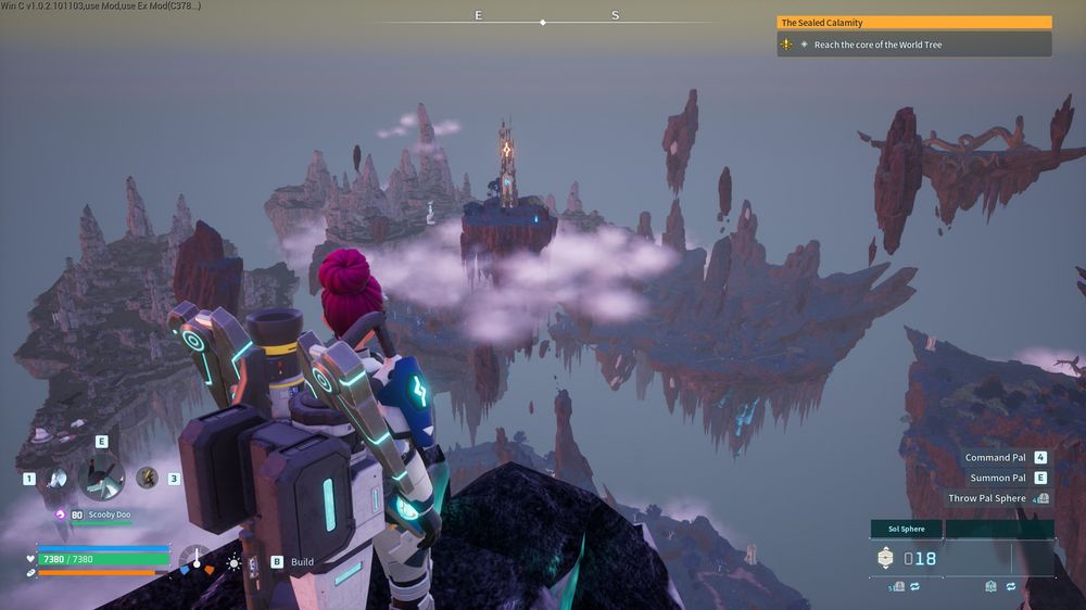 A panoramic view of Sunreach's floating islands, where massive chunks of land drift high above the clouds. Ancient ruins, scattered crystal formations, and elevated fast travel points make this late-game region one of Palworld's most unique areas to explore.