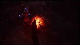 Hooded figure stands by a glowing campfire in darkness, as two armored companions loom nearby and embers drift through the air.