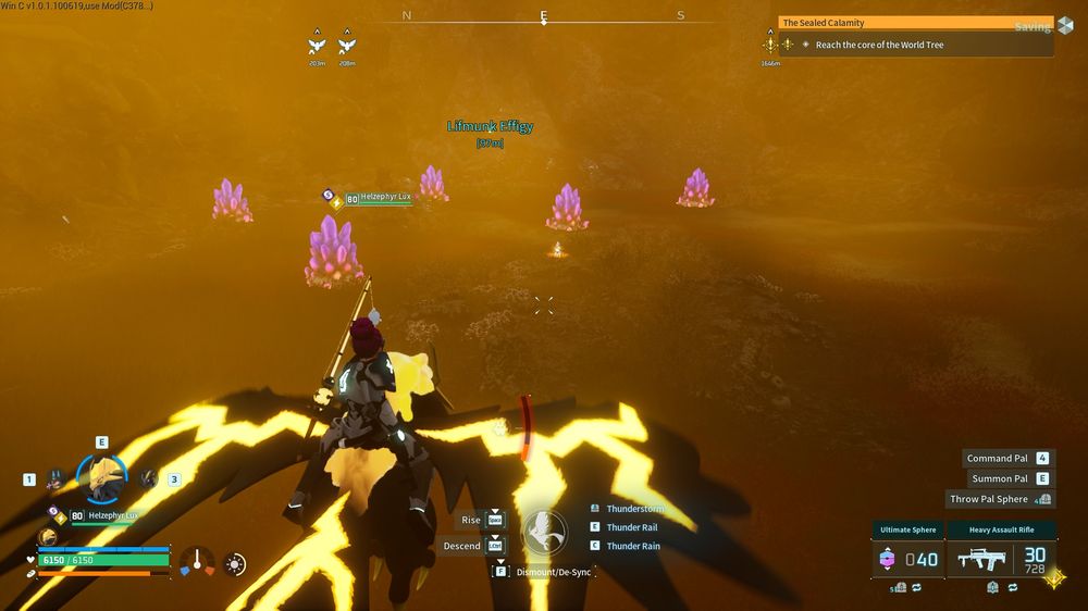 A Hylzephyr Lux Pal from Palworld flies around multiple Paxolite nodes in the World Tree.