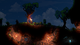 A lone player character stands beside a glowing campfire at the base of a massive, silhouetted tree under a starry night sky in Kyora.
