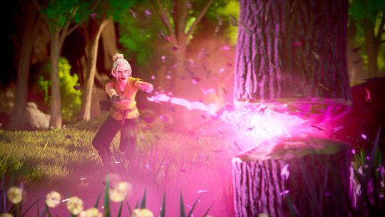 A player character with blonde hair casting a bright pink magic spell toward a large tree in a sunlit forest in RuneScape Dragonwilds.