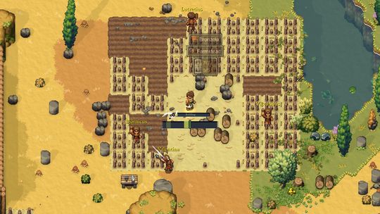 Top-down pixel-art gameplay screenshot from Romestead showing a detailed player settlement with wooden fences, crop fields, storage boxes, and non-player characters tending to the base.