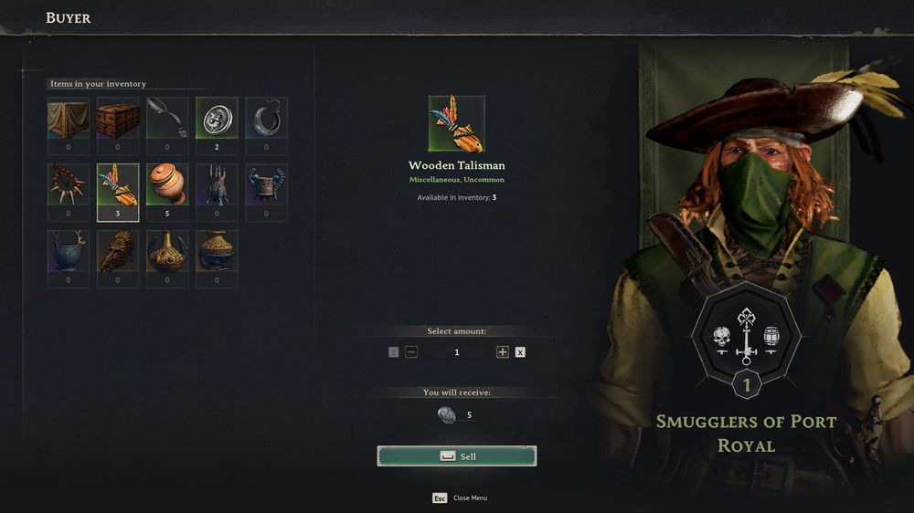A Windrose trading interface displaying the Smugglers of Port Royal Buyer inventory screen. Various treasure and miscellaneous items are shown with their sell values, including a highlighted Wooden Talisman item being sold for silver coins.