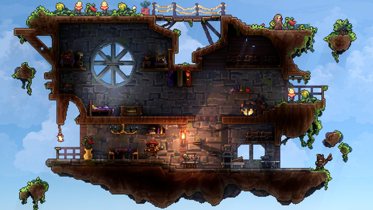 A detailed 2D pixel-art floating island featuring a multi-story stone and wood building with a workshop, living quarters, and outdoor gardens under a bright blue sky.