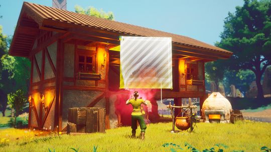 A player character standing in front of a newly constructed wooden house with a glowing red aura and a construction UI element overlay in a forest clearing.