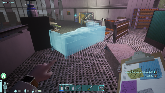 First-person view of a digital game interface showing a blueprint for placing a barricade in an industrial setting, with a clipboard and menu options.