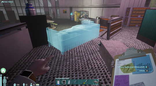 First-person view of a digital game interface showing a blueprint for placing a barricade in an industrial setting, with a clipboard and menu options.