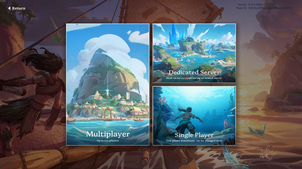 Game menu screen with options: Multiplayer, Dedicated Server, and Single Player, featuring tropical island and underwater scenes.