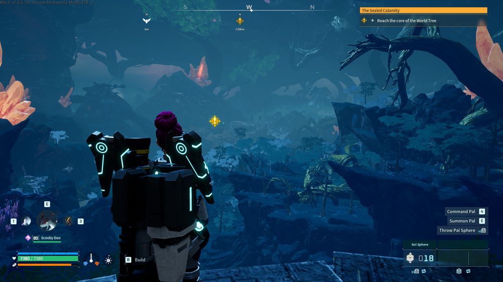 A look inside the World Tree's massive interior, where enormous roots, glowing crystals, and dense alien vegetation create an otherworldly landscape. This hidden biome serves as the final area of Palworld, featuring unique environments, powerful enemies, and endgame exploration opportunities.