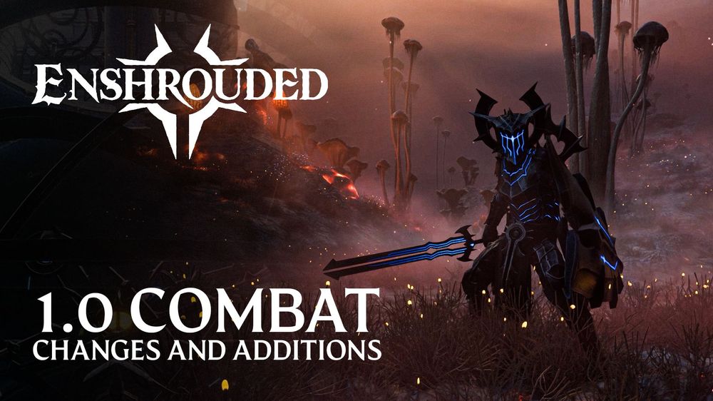 Armored enemy with a glowing blue sword beneath the Enshrouded 1.0 Combat Changes and Additions title.