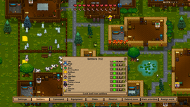 Pixelated game interface showing a village with animals, buildings, and a list of settlers with health status and tasks.