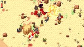 Top-down gameplay screenshot from Romestead showing an active combat skirmish in a desert environment with multiple characters, blood splatters on the sand, and red health bars.