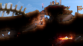 Three players in a destructible 2D cave environment using tools and weapons to fight off large insect-like creatures.