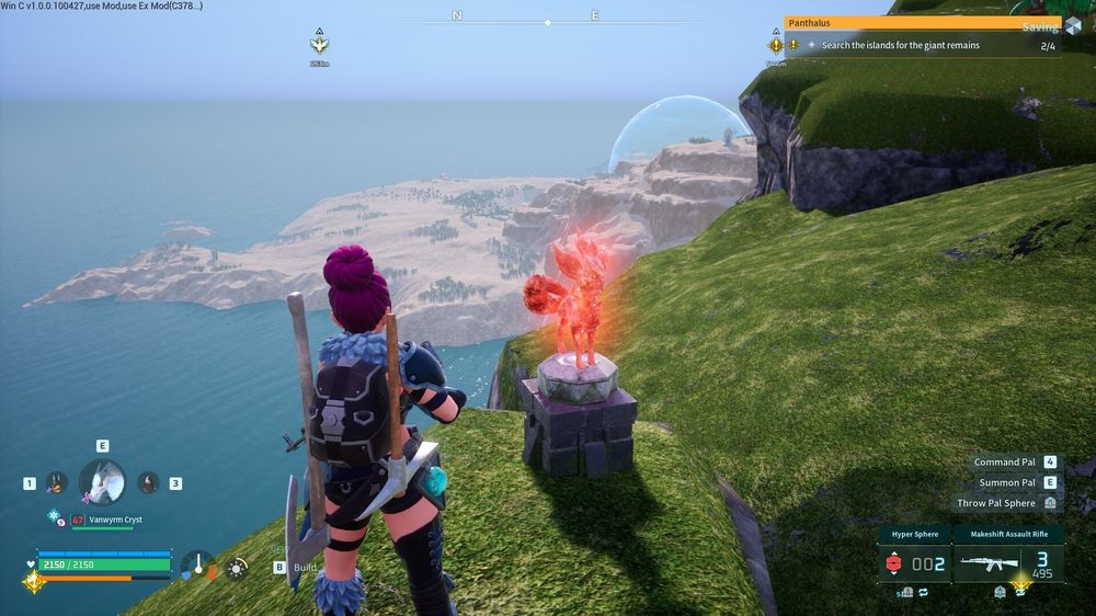 A Pal Effigy perched on a grassy cliff overlooking the surrounding landscape. Pal Effigies are hidden throughout Palworld and can be collected to improve your skills.