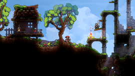 A cozy pixel-art scene in Kyora featuring a small wooden house built on a grassy hill, a leafy tree, and ancient stone ruins under a soft blue sky.