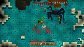 Pixelated game scene with characters battling a large spider on a blue terrain. Health bars and stats visible at the top and bottom.