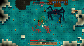 Pixelated game scene with characters battling a large spider on a blue terrain. Health bars and stats visible at the top and bottom.