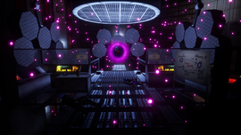 Futuristic lab with glowing pink particles, a central purple vortex, hexagonal panels, and scattered equipment.
