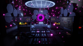 Futuristic lab with glowing pink particles, a central purple vortex, hexagonal panels, and scattered equipment.