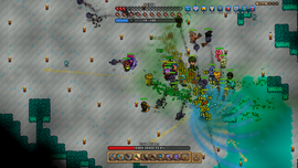 A chaotic battle scene in a pixelated video game with multiple characters fighting, health bars above, and vibrant effects on a snowy terrain.