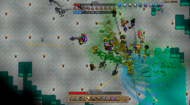 A chaotic battle scene in a pixelated video game with multiple characters fighting, health bars above, and vibrant effects on a snowy terrain.