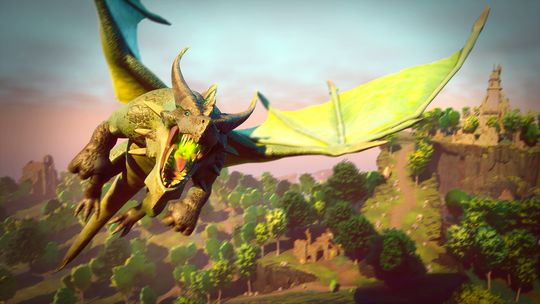 A massive green and yellow dragon, flying over the lush forests and cliffs of the Ashenfall continent.