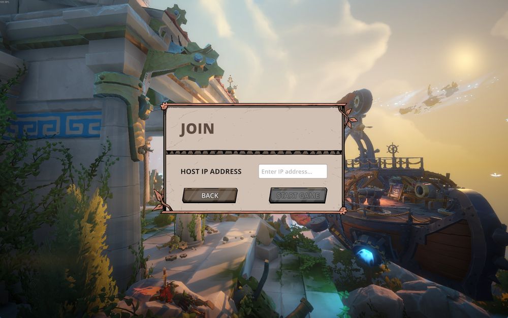 A scenic, third-person view of a character standing on a stone platform in the floating island world of Echoes of Elysium. The character is looking toward a modular airship docked nearby, with lush floating islands, ancient-style architecture, and a bright, cloudy sky in the background. An overlay menu is visible in the center showing a 