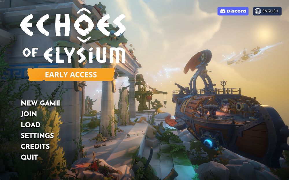 The main menu screen of the game Echoes of Elysium in Early Access. The game's logo is prominently displayed on the left over a list of menu options including 