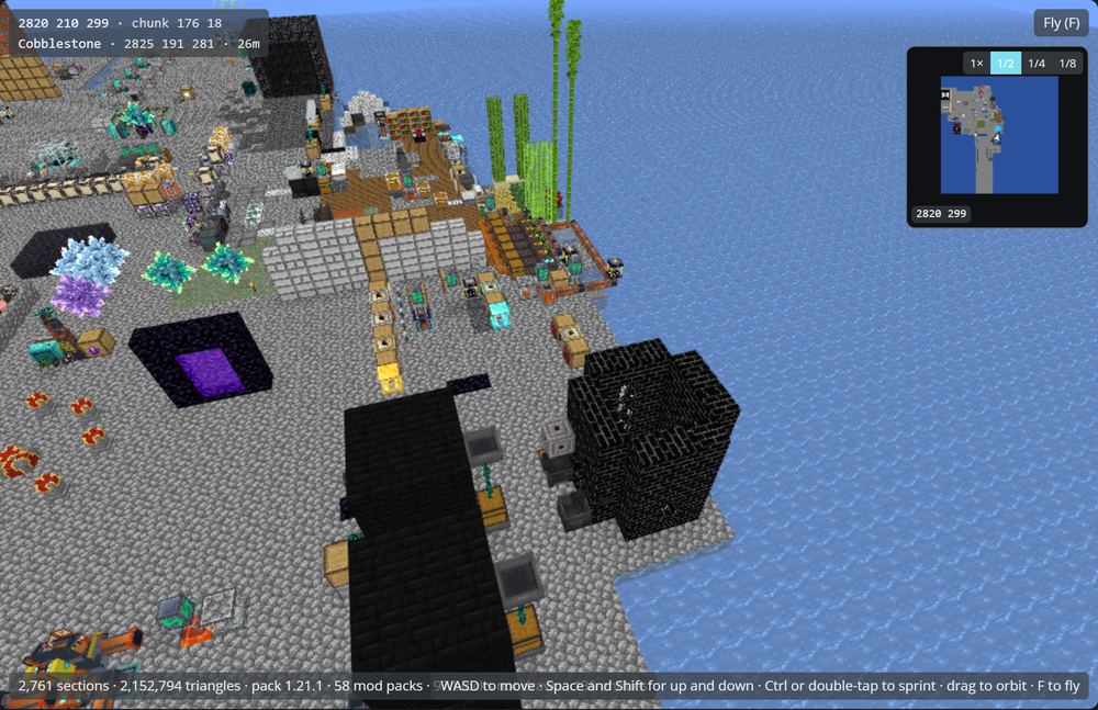 The 3D map viewing a modded base on the edge of an ocean, with the block coordinates in the top left and the minimap in the top right.