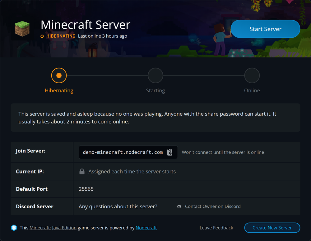 Dark Minecraft server dashboard with large title, orange Hibernating status, blue Start Server button, and a join section showing the server IP.
